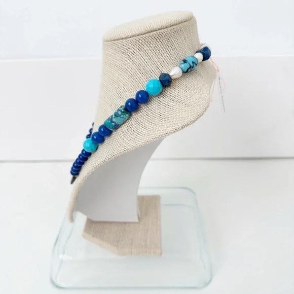 NWT Genuine Lapis Lazuli, Agate, Pearls & Glass Beads Necklace Blue White